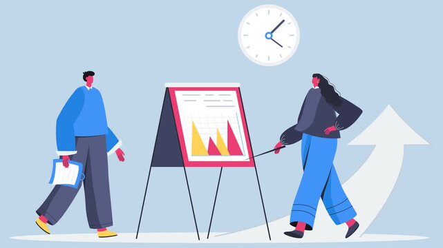 Flat design of a businessman and coworker are in front of his office, talking about statistical data and company growth in a meeting