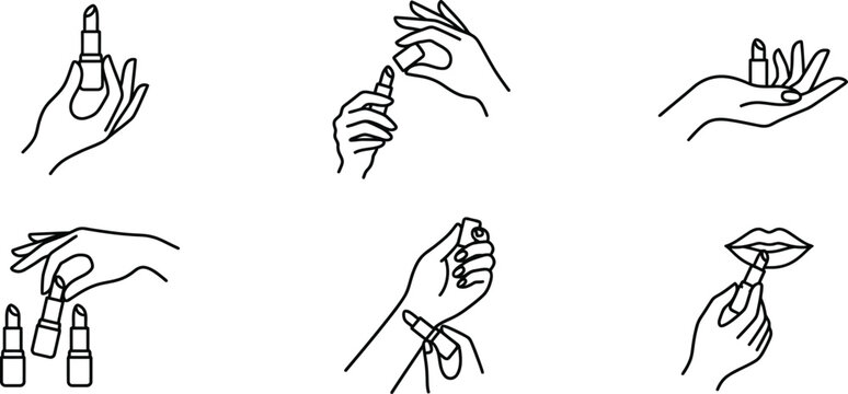 Line art illustrations of hands applying lipstick