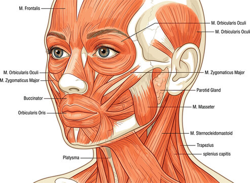 Detailed medical vector illustration showing human facial anatomy musculature and neck muscle structure with educational text labels
