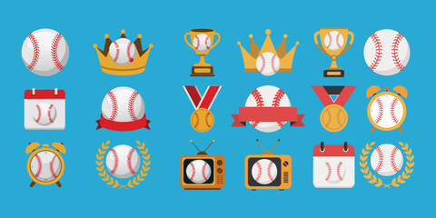 Naklejka premium A vibrant collection of baseball themed icons featuring balls, trophies, medals, and crowns on a blue background