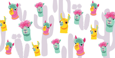 Funny cartoon alpaca heads and cactuses pattern © Юля Люта