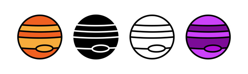 Gas giant planet icon set. Jupiter-like striped planet with oval storm spot, astronomy and space symbol. Orange, black silhouette, outline and purple colored vector illustration isolated on white back © Design Ful