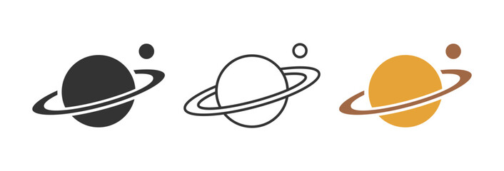 Saturn planet with ring icon set. Ringed planet, astronomy symbol. Dark, outline and colored vector illustration © Design Ful