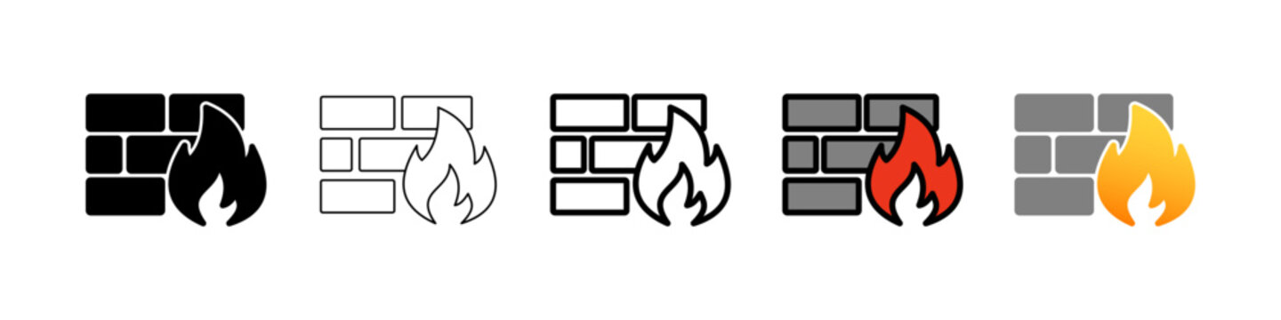 Firewall icon set. Brick wall with fire flame, network security and internet protection symbol. Black silhouette, outline, duotone, gray with red and gray with orange colored vector illustration isola