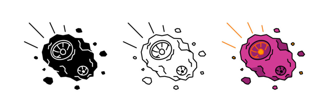 Asteroid with craters icon set. Flying meteorite with impact marks and debris fragments, space rock symbol. Black silhouette, outline and pink colored vector illustration isolated on white background.