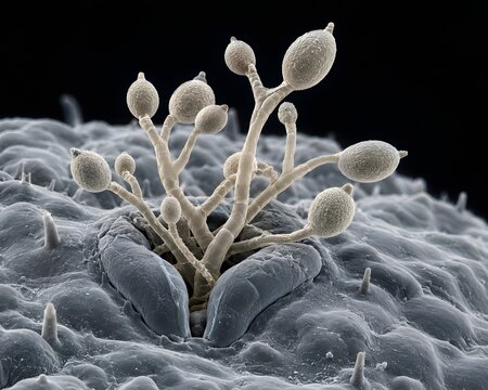 SEM-style image of Phytophthora infestans sporangiophores erupting through potato leaf stomata releasing lemon-shaped sporangia &mdash; the pathogen responsible for the Irish famine