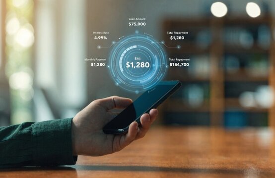 Interactive holographic loan calculator interface displaying emi monthly payment on smartphone modern home office digital finance concept