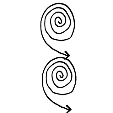 Hand-drawn spiral doodle set &mdash; two sketchy clockwise swirls with direction arrows on white