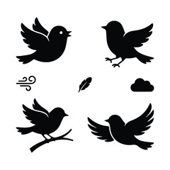 Fototapeta premium Cute black bird silhouettes and nature elements pack