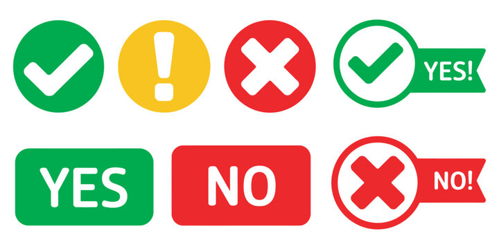 Check mark and cross mark icon set vector, yes and no symbols for approval, rejection and decision making interface design