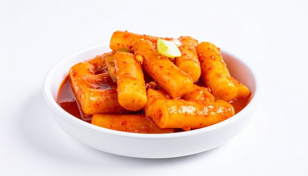 Realistic front-view spicy tteokbokki in small white bowl, white background, soft lighting, ultra realistic food photo.
