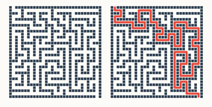 Labyrinth game grid, vector illustration style, black and red on white, puzzle solution visualization with solved path highlighted, educational brain teaser with copy space