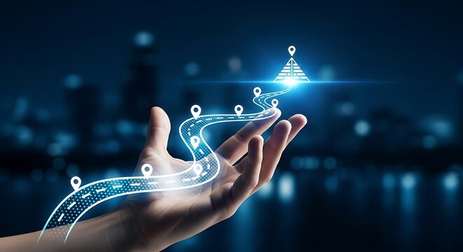 A hand reaching out to touch a glowing digital road map with location pins floating in the air against a blurred dark blue city night background