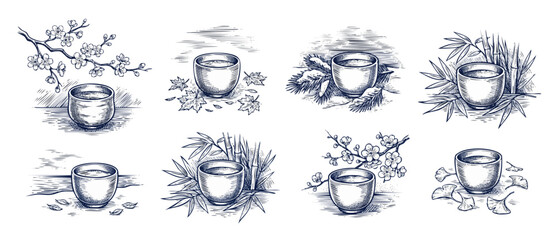 Japanese tea cup sketch set featuring vintage ceramic teacups with traditional seasonal motifs like cherry blossoms, bamboo foliage, autumn leaves, and pine branch drawings in a classic blue ink look. © Dinali