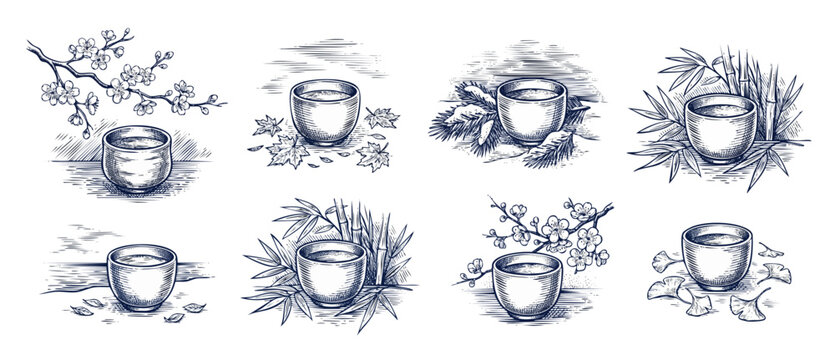 Japanese tea cup sketch set featuring vintage ceramic teacups with traditional seasonal motifs like cherry blossoms, bamboo foliage, autumn leaves, and pine branch drawings in a classic blue ink look.