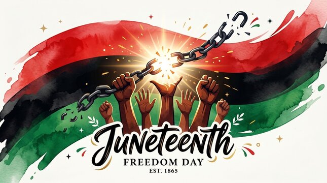 A vibrant illustration celebrating Juneteenth Freedom Day with a Liberian flag background