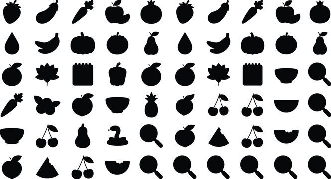 Black Fruits and Vegetables Silhouette Icon Grid Bundle with Kitchenware and Search Tools for Kids Memory Educational Activities and Graphic Designs