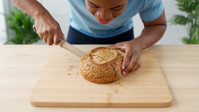 Artisan multigrain bread preparation with cutting top crust to create bread bowl on light wooden cutting board with fresh potted plants in bright kitchen environment video footage