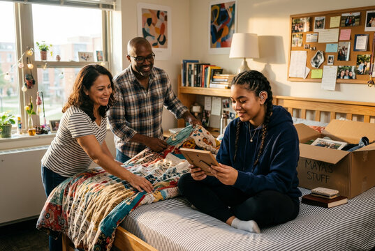 Mixed race college freshman with hearing aids unpacks in dorm room with parents on move in day for inclusive disability representation and back to school campaigns