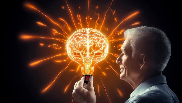 Elderly man holding a glowing brain inside a lightbulb. Science concept of human intelligence and innovation. Creative idea glowing with electric sparks in dark.