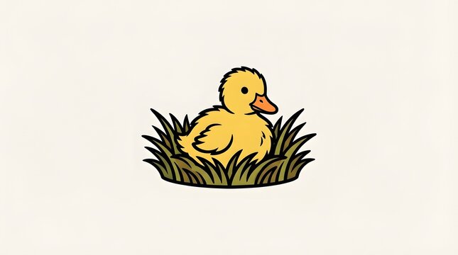 Flat vector illustration of a cute yellow baby duck sitting in green grass on a plain background.
