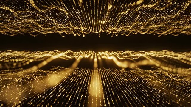 Abstract Golden Digital Particles Flowing Through Futuristic Data Tunnel.