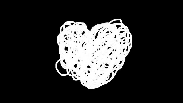 Animated white hand-drawn heart with scribble texture on black background for organic romantic overlays or chalk-style wedding video projects and motion graphics.