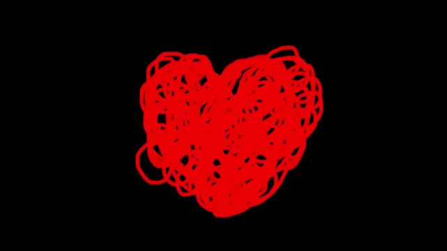 Animated red hand-drawn heart with scribble texture on black background for organic romantic overlays or chalk-style wedding video projects and motion graphics.