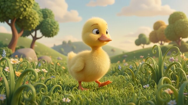 Cute 3D cartoon yellow baby duck walking on green grass with spring flowers and landscape.
