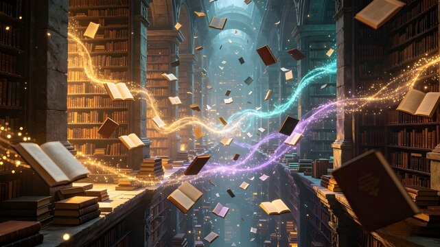 A vast magical library featuring floating books, glowing lights, and mysterious knowledge in a fantasy setting.