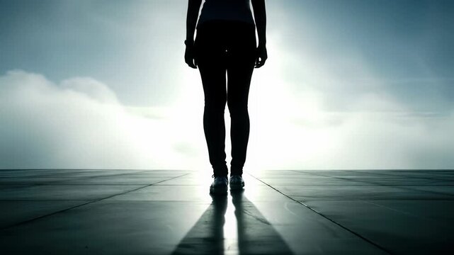 A silhouetted figure steps boldly from a dark, polished platform into luminous, ethereal light, backlit by a brilliant cloudscape with soft haze. Aspiration and breakthrough concept