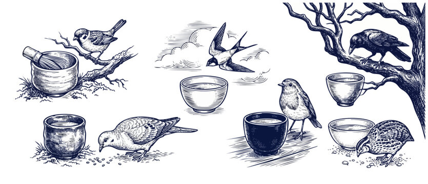 Japanese tea bowl bird engraving vintage sketch illustration set with robin, swallow, sparrow, crow, and dove in traditional retro woodcut style for zen nature organic design, prints, and web branding