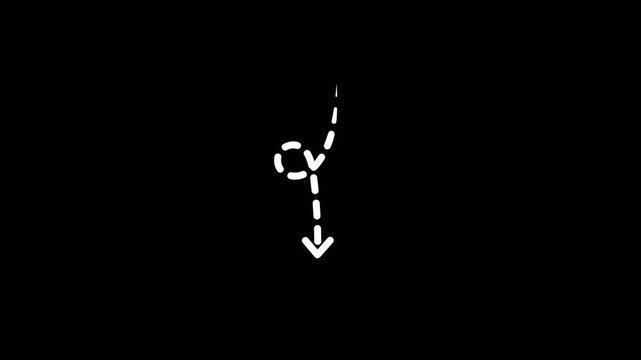 White dashed line loop arrow represents downward movement on transparent background, 4k video, suitable for presentations, infographics, and navigation systems as a directional indicator symbol.