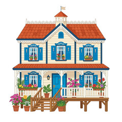 Obraz premium Illustrated vector of a charming vintage house with flowers.