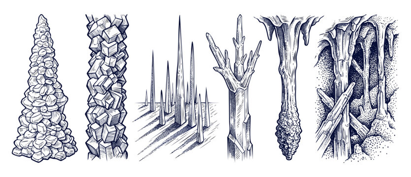 Cave crystal stalactite drawing set with geological diagram illustrations of stalagmites, mineral formations, and underground cavern designs in a vintage engraving sketch style on a white background
