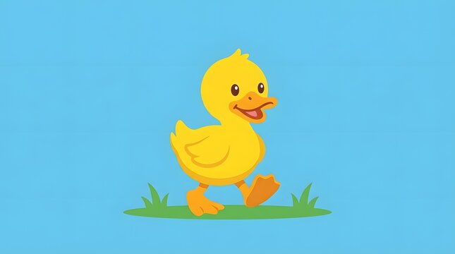 Flat vector illustration of a cute yellow baby duck walking on green grass with a clean simple background.
