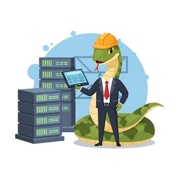 Cartoon-style illustration of a snake wearing a suit and construction hat, holding a tablet near server stacks