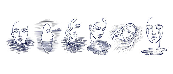 Naklejka premium Minimalist Woman Face Line Art Female Portrait in Water Waves and Tears, Abstract Engraving Sketch Drawing Collection representing Sadness, Mental Health, Reflection and Emotional Grief in Blue Ink