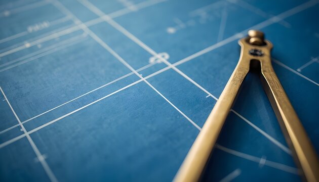 Vintage brass divider compass tool on blue architectural blueprint paper