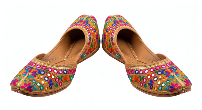 Pair of traditional Indian women's jutti shoes with colorful floral embroidery and mirror work, isolated on white background