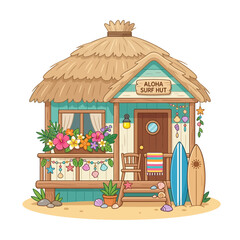 Obraz premium Cartoon Surf Hut on Beach, Tropical Vacation
