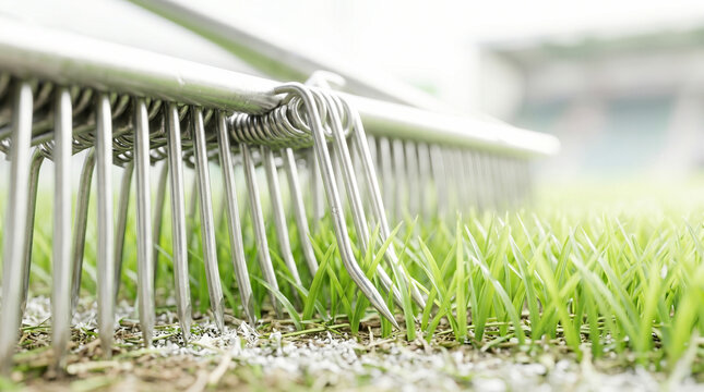 Metal aeration rake on sports turf grass with fertilizer