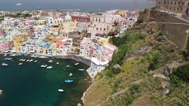 Stunning aerial view of Procida island colorful skyline and