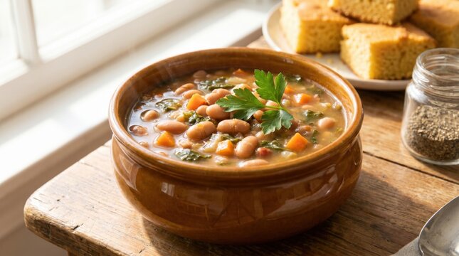 Hearty bean soup with carrots and herbs served with cornbread