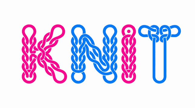 Knit word typography formed by interwoven rope or yarn strands in pink and blue colors on a white background as a vector illustration design element