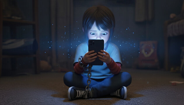 Child chained to smartphone. Girl addicted to digital device and online technology. Concept of mobile phone dependence, social media obsession and social isolation in lonely room.