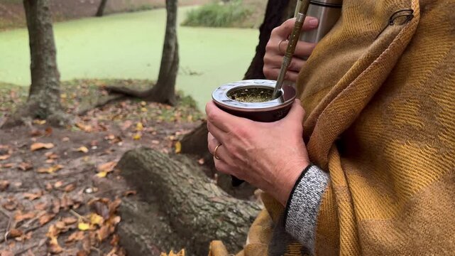 Medium shot to close-up of a woman's hands holding a poured steaming yerba mate, a traditional South American hot drink. Her yellow poncho matches the autumn forest on an overcast day