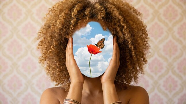 Woman hides face with hands revealing flower and butterfly scene