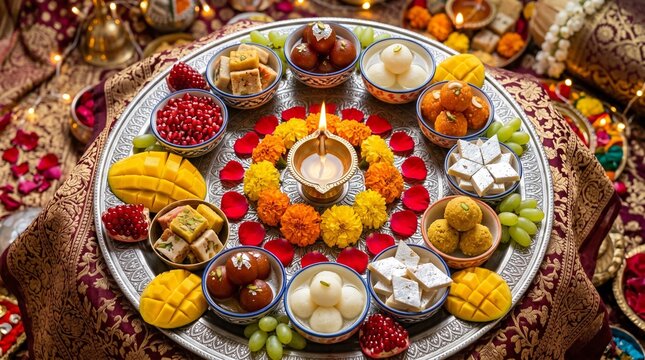 Traditional Indian sweets platter with mangoes and diya lamp for festival