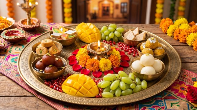 Traditional Indian sweets platter with mangoes and diya lamp for festival